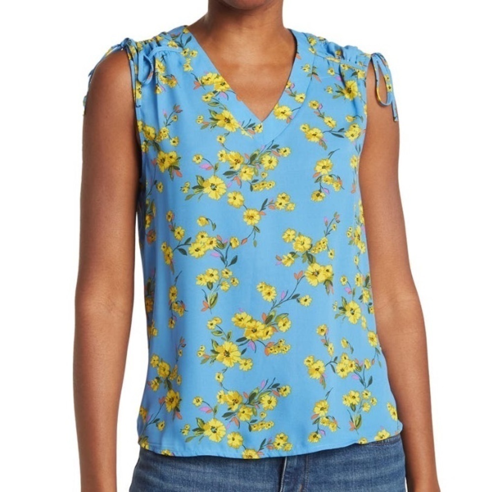 Pleione Cornflower Blue and Yellow Floral Tie Shoulder V-Neck Top Blouse -Sz Med